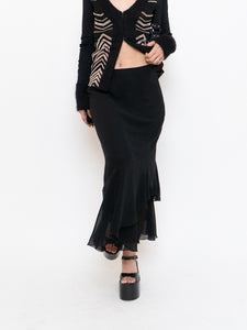 Vintage x Black Silk-Feel Flowy Skirt (XS-M)