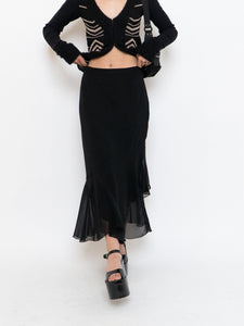 Vintage x Black Silk-Feel Flowy Skirt (XS-M)