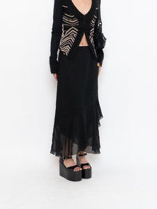 Vintage x Black Silk-Feel Flowy Skirt (XS-M)