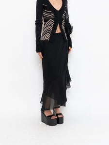 Vintage x Black Silk-Feel Flowy Skirt (XS-M)