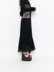 Vintage x Black Silk-Feel Flowy Skirt (XS-M)