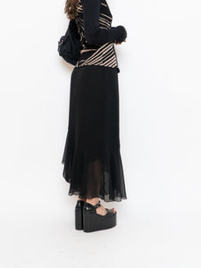 Vintage x Black Silk-Feel Flowy Skirt (XS-M)
