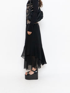 Vintage x Black Silk-Feel Flowy Skirt (XS-M)