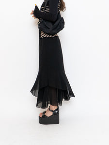 Vintage x Black Silk-Feel Flowy Skirt (XS-M)