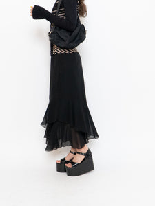 Vintage x Black Silk-Feel Flowy Skirt (XS-M)