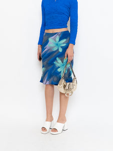 Vintage x Made in Canada x Abstract Teal, Blue Floral Skirt (M, L)