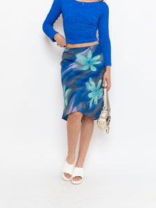 Vintage x Made in Canada x Abstract Teal, Blue Floral Skirt (M, L)