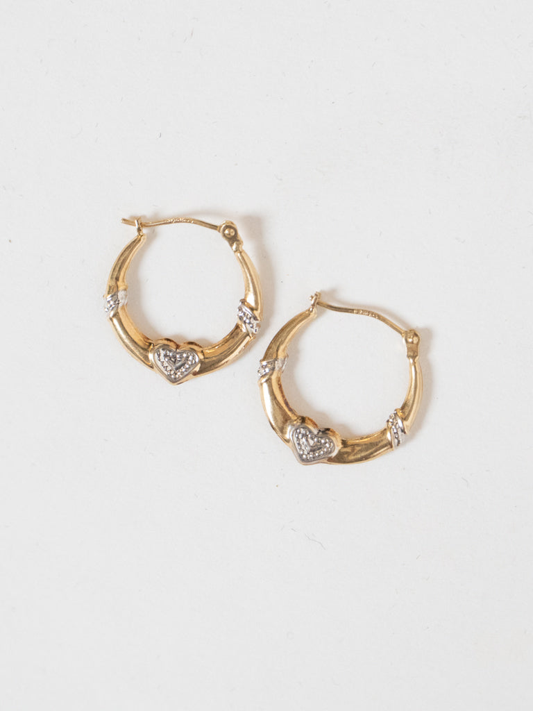 Vintage x 10K GOLD Heart Diamond Hoop Earrings