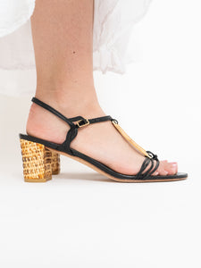 Vintage x STUART WEITZMAN x Black Leather & Wicker Heels (8.5, 9)