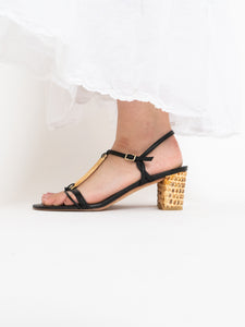 Vintage x STUART WEITZMAN x Black Leather & Wicker Heels (8.5, 9)