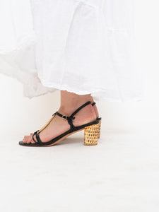 Vintage x STUART WEITZMAN x Black Leather & Wicker Heels (8.5, 9)