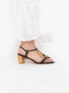 Vintage x STUART WEITZMAN x Black Leather & Wicker Heels (8.5, 9)