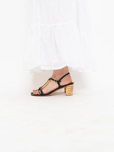 Vintage x STUART WEITZMAN x Black Leather & Wicker Heels (8.5, 9)