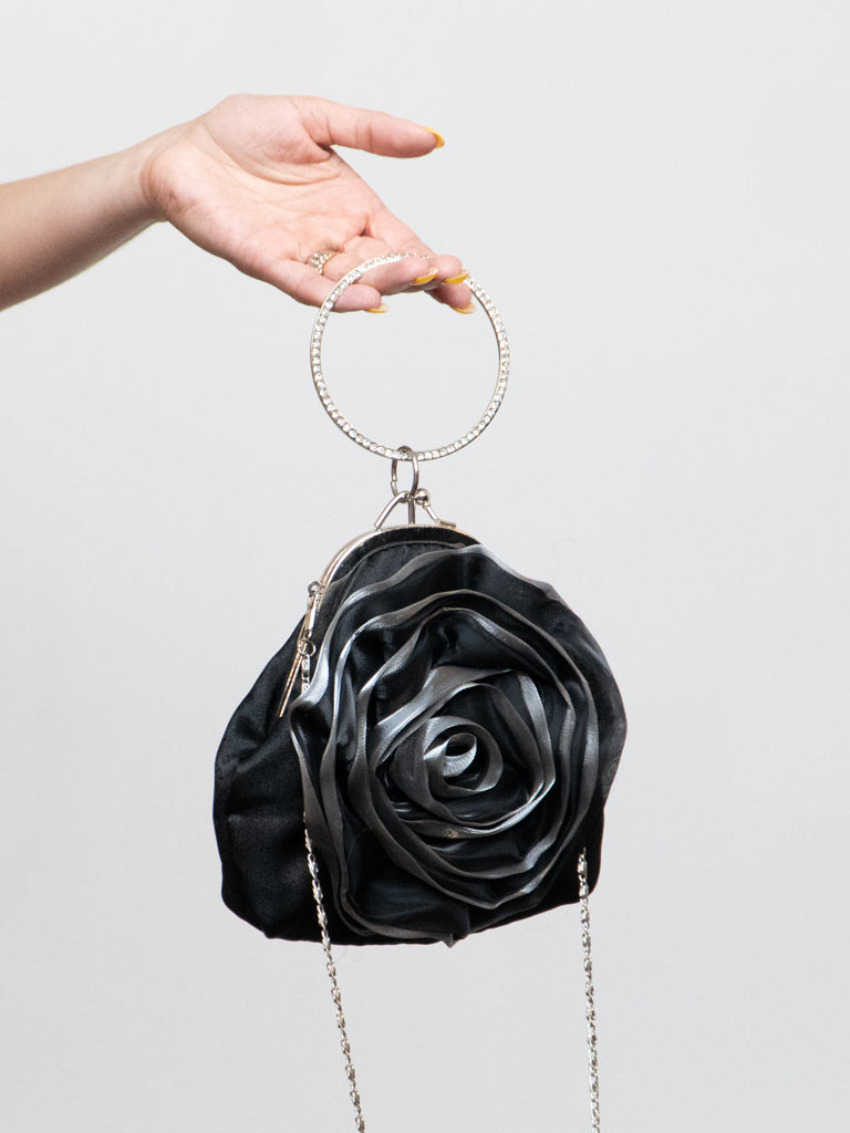 Vintage x Black, Silver Rose Rhinestone Purse
