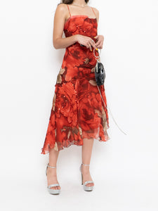 Vintage x Red Layered Rose Sequin Patterned Dress (S)