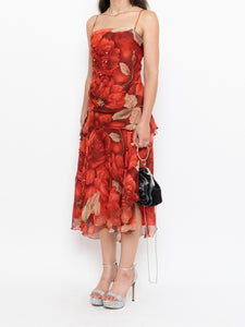 Vintage x Red Layered Rose Sequin Patterned Dress (S)