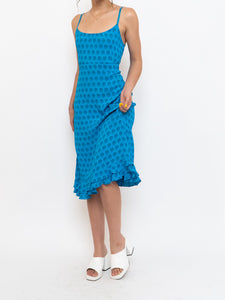 Vintage x Bright Blue Patterned Silk-feel Dress (S, M)
