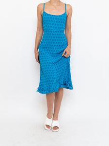 Vintage x Bright Blue Patterned Silk-feel Dress (S, M)