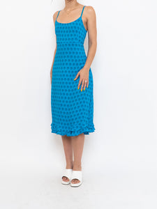 Vintage x Bright Blue Patterned Silk-feel Dress (S, M)