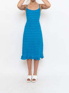 Vintage x Bright Blue Patterned Silk-feel Dress (S, M)