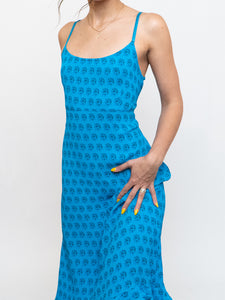Vintage x Bright Blue Patterned Silk-feel Dress (S, M)