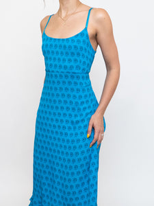 Vintage x Bright Blue Patterned Silk-feel Dress (S, M)