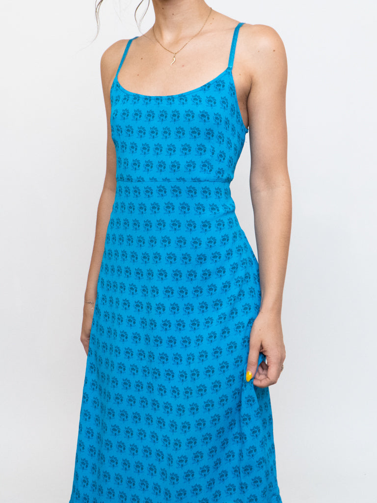 Vintage x Bright Blue Patterned Silk-feel Dress (S, M)