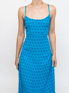 Vintage x Bright Blue Patterned Silk-feel Dress (S, M)