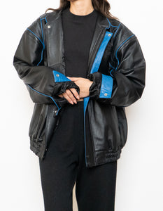 Vintage x CHEVROLET Black & Blue Leather Bomber (S-L)