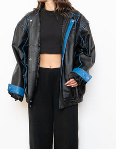 Vintage x CHEVROLET Black & Blue Leather Bomber (S-L)