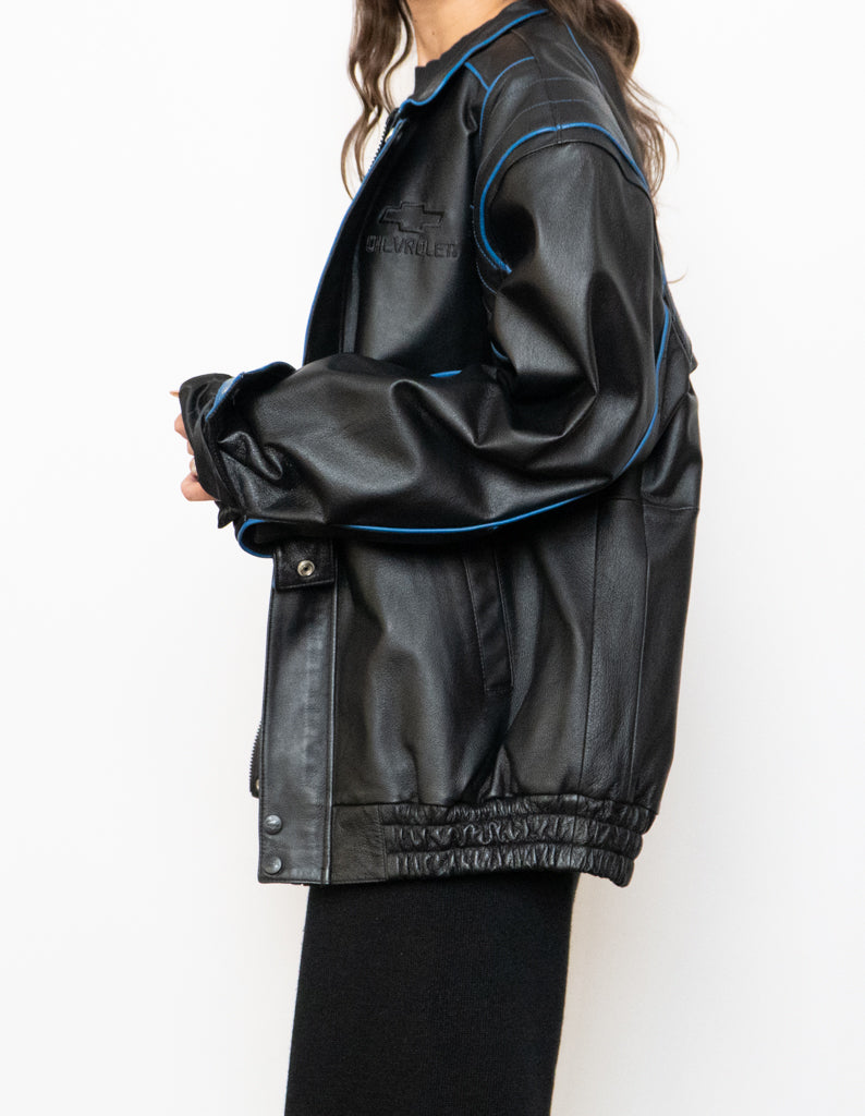 Vintage x CHEVROLET Black & Blue Leather Bomber (S-L)