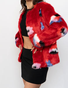 VILA x Red Patterned Fuzzy Jacket (XS, S)