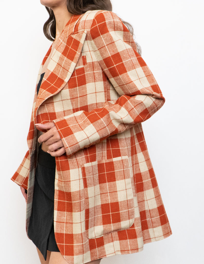 SMYTHE x Made in Canada x Orange Plaid Silk-Blend Blazer (S, M)