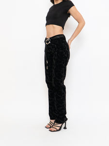 Vintage x Made in Tinidad & Tobago Black Patterned Velvet Pant (XS, S, Tall)