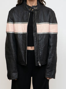 Vintage x Pink Striped Leather Biker Jacket (XS-M)