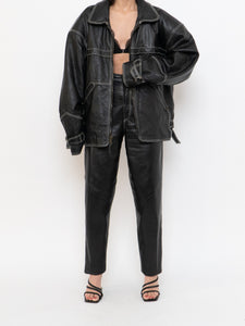 Vintage x Made in India x TREK Black Leather White-Stitched Oversized Jacket (XS-L)