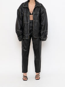 Vintage x Made in India x TREK Black Leather White-Stitched Oversized Jacket (XS-L)