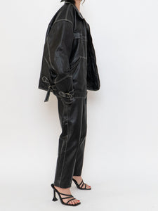 Vintage x Made in India x TREK Black Leather White-Stitched Oversized Jacket (XS-L)