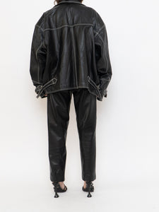Vintage x Made in India x TREK Black Leather White-Stitched Oversized Jacket (XS-L)