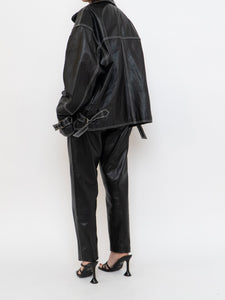 Vintage x Made in India x TREK Black Leather White-Stitched Oversized Jacket (XS-L)