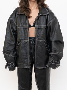 Vintage x Made in India x TREK Black Leather White-Stitched Oversized Jacket (XS-L)