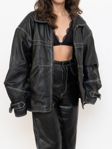 Vintage x Made in India x TREK Black Leather White-Stitched Oversized Jacket (XS-L)