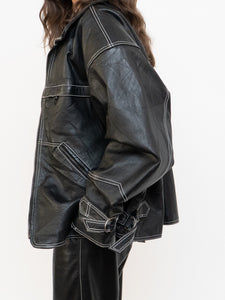 Vintage x Made in India x TREK Black Leather White-Stitched Oversized Jacket (XS-L)