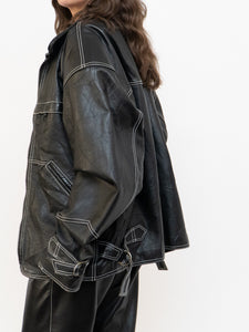Vintage x Made in India x TREK Black Leather White-Stitched Oversized Jacket (XS-L)