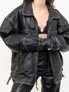 Vintage x Made in India x TREK Black Leather White-Stitched Oversized Jacket (XS-L)