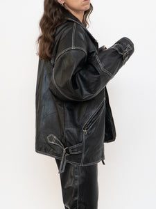 Vintage x Made in India x TREK Black Leather White-Stitched Oversized Jacket (XS-L)