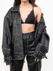 Vintage x Made in India x TREK Black Leather White-Stitched Oversized Jacket (XS-L)