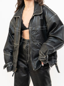 Vintage x Made in India x TREK Black Leather White-Stitched Oversized Jacket (XS-L)