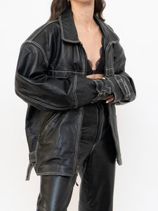 Vintage x Made in India x TREK Black Leather White-Stitched Oversized Jacket (XS-L)
