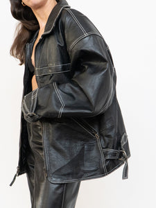 Vintage x Made in India x TREK Black Leather White-Stitched Oversized Jacket (XS-L)